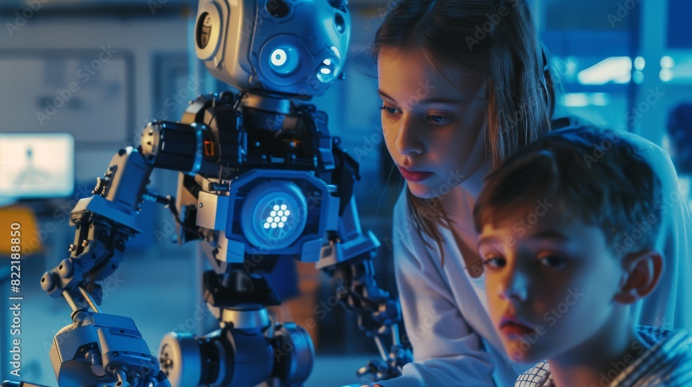 Poster teacher examines a robotics project that a girl and boy made in computer science class.