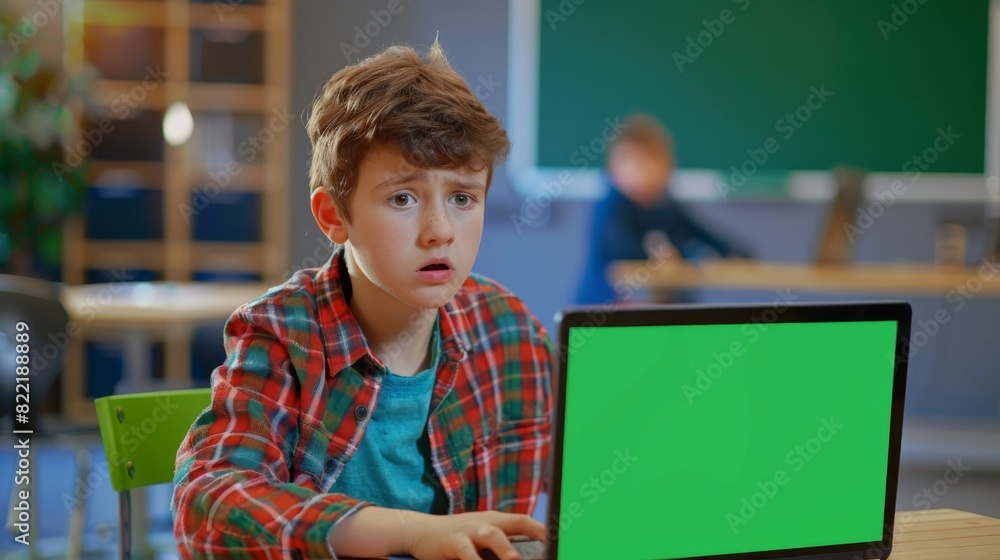 Poster the smart boy in his computer science class uses a laptop with a mock-up green screen.