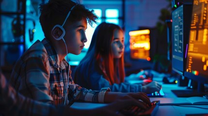 Obraz premium Their Science/Robotic/Engineering class requires the boy to program the technical part while the girl writes a paper.