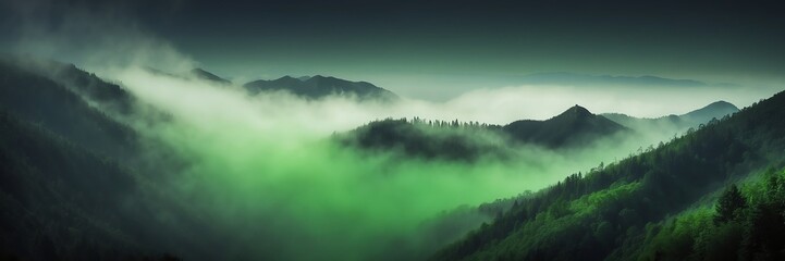 Fototapeta premium green fog on mountain dark background from Generative AI
