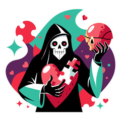 the Grim Reaper holding a glowing, cracked heart with spider webs around it, in a neon cyberpunk style