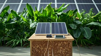 Fototapeta premium A mobile phone connected to two solar panels on a particle board desk with lush greenery in the background, utilizing renewable energy outdoors.