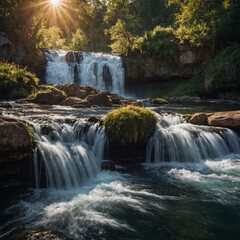 A breathtaking view of a waterfall cascading into a sunlit pool.

