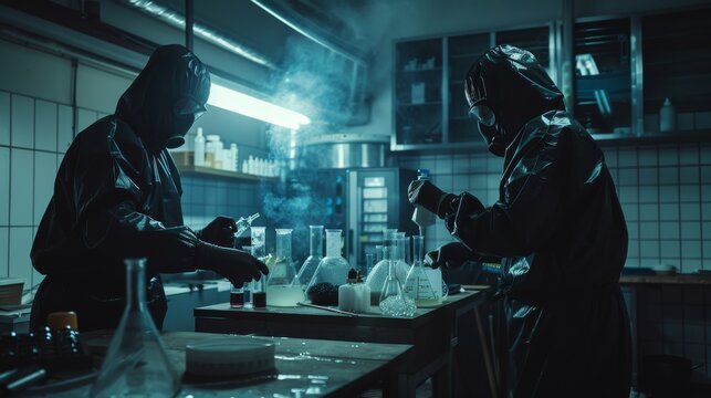 A clandestine laboratory in which two clandestine chemists work with beakers, distillation glasses, canisters, and hosepipes to prepare drugs.