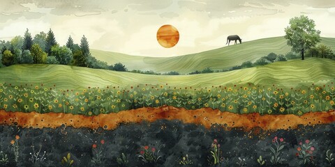 Explore diverse farming methods in a vibrant field, perfect for marketing promotions with a sleek illustration approach.