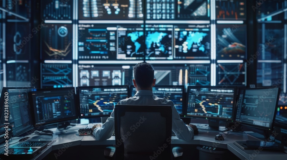 Poster it is the system control room where the technical operator works on multiple displays showing graphi