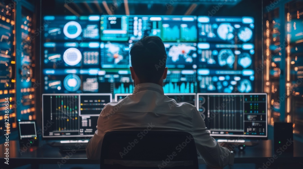 Poster an it technician works on a laptop in a system control room. screens with graphics are on multiple d