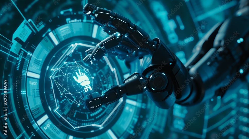 Poster robot arm presses button with icon of nuclear danger with index finger