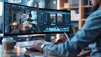 During the day, in the background, a man is working in an office environment while using a computer with mobile application design.