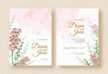 exotic floral stalks hand painting with pink splash watercolor on wedding invitation background