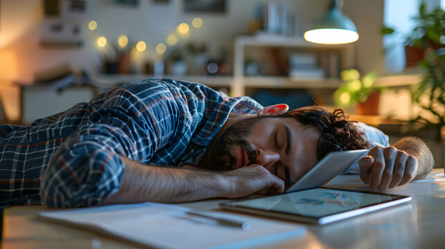 Graphic designer asleep on tablet in creative workspace showcasing dedication to visual content creation
