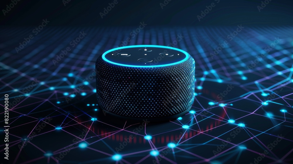 Poster Voice control of your smart house. Future abstract product. Smart speaker can obtain information via voice. Internet of Things. Vector.