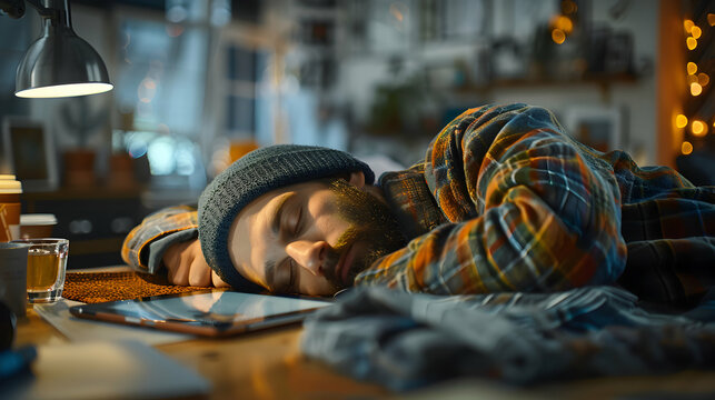 Digital Dreamer: Creative Graphic Designer Asleep on Tablet in Workspace � Concept of Dedication and Long Hours in Visual Content Production