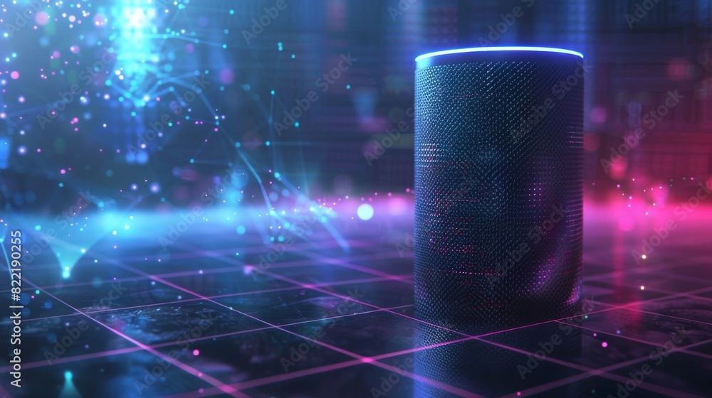 Poster smart speaker on the table. smart column with voice control executes voice commands and controls the