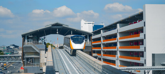 View of the electric technological transport on high speed monorail sky system, with trains without...