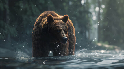 Photo realistic of a powerful Grizzly bear showcasing strength and skill while hunting fish in river   wildlife predator concept - Powered by Adobe