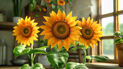 Fototapeta premium Sunflower Field at Sunset, Golden Hour Light Enhancing the Vibrant Yellow Blossoms