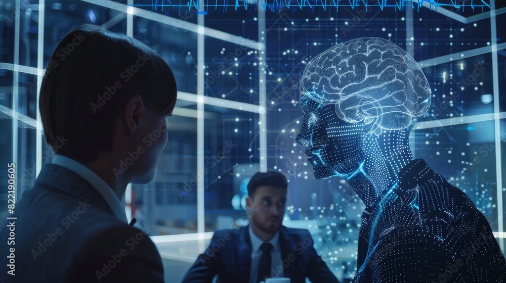 Poster an artificial intelligence system teaches business employees. a robot with an artificial brain works
