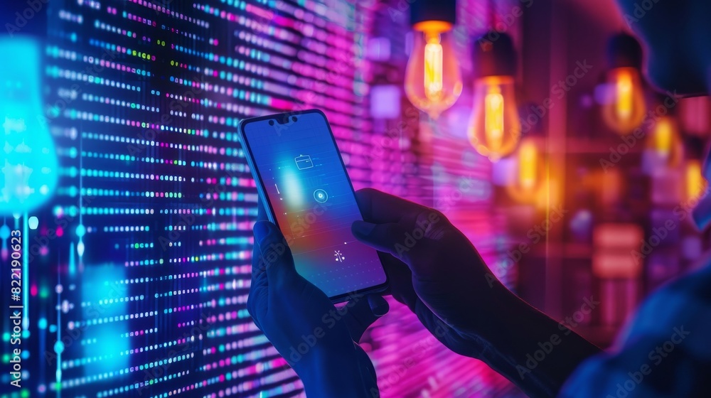 Poster smart lamp is controlled using hue app on smartphone. hands hold smartphone, changing color of wall 
