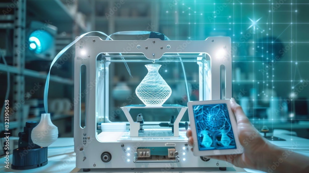 Poster 3d printer with filament spool. a vase is printed using a 3d printer. maker holds a tablet in his ha