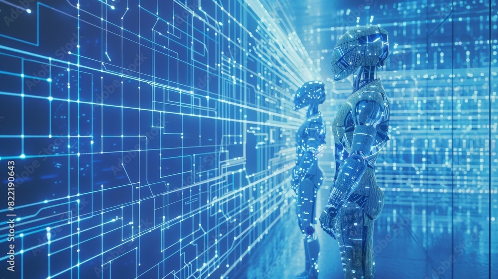 Poster artificial intelligence robots are working in virtual reality with virtual interfaces. machine learn