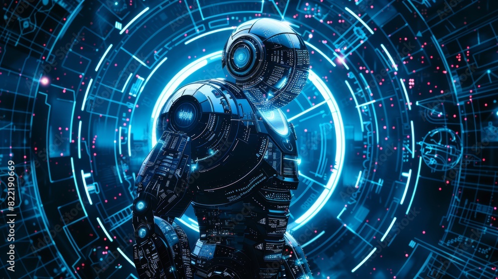 Poster ai robot controls global communications. robot uses virtual hud interface. technology satellite netw