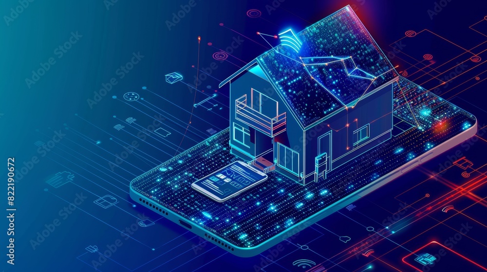 Poster an internet of things enabled smart home controlled from a smartphone. a small house stands on top o