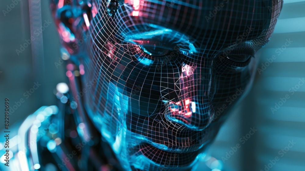 Poster cyborg with a metal head and brain hidden beneath a mask. 3d printing technology helps robot create 