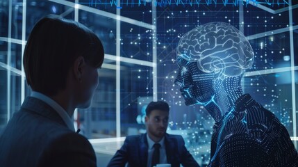 An artificial intelligence system teaches business employees. A robot with an artificial brain works with neural networks to analyze business data. Businessmen discuss the strategy work at a meeting.