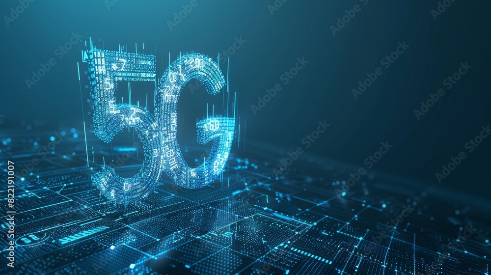 Poster on a blue background, digital data is represented as digits connected together to form the symbol 5g