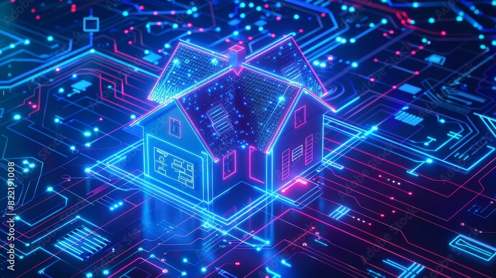 Poster background of smart home security system concept. cyber security of house devices. 3d isometric shie