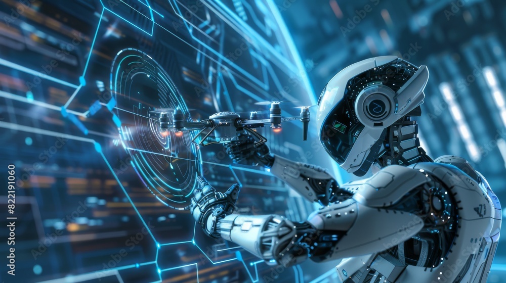 Poster automated intellectual delivery system packages by autonomous drone. future concept illustration of 