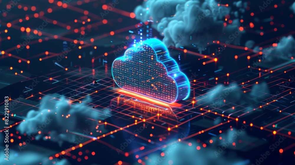 Poster information technology isometric illustration with cloud storage and data analysis. big data analyti