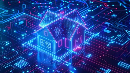 Background of Smart Home Security System concept. Cyber security of house devices. 3D isometric shield protecting the digits of the home.