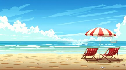 Fototapeta premium Peaceful Beach Scene with Red Deck Chairs and Striped Umbrella Overlooking Calm Ocean