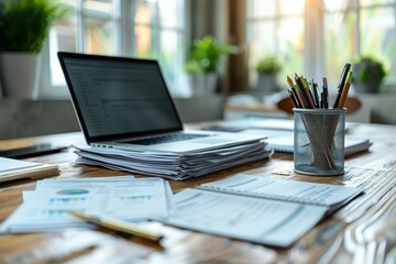busy work day depicted in a modern office setting with a minimalist work station featuring a laptop, pen holder, and paperwork pile on the desk