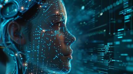A close-up of a robot woman with artificial intelligence. Her face profile looks up. Sci-fi futuristic modern illustration concept.