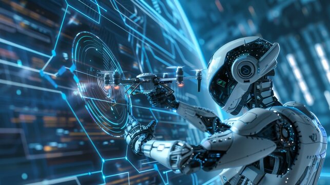 Automated intellectual delivery system packages by autonomous drone. Future concept illustration of robot or Cyborg with artificial intelligence launching a drone at a point on the virtual map.