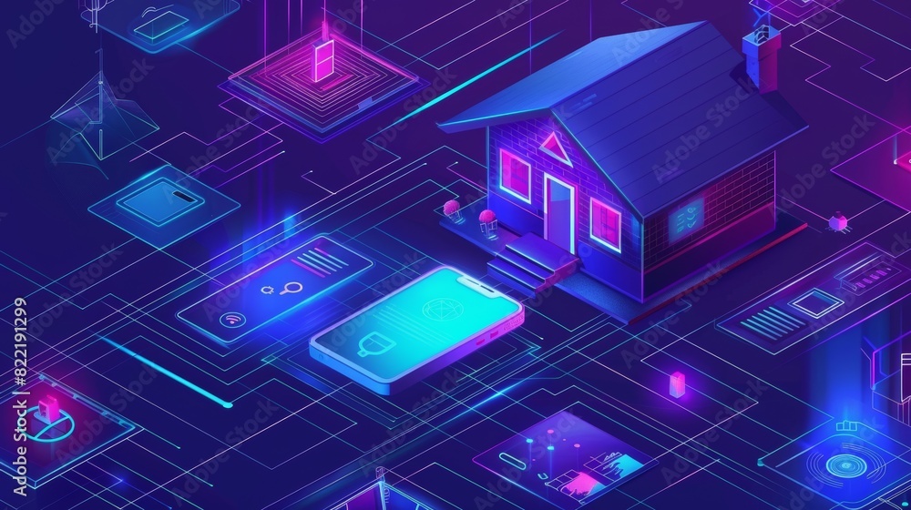 Poster an isometric view of an internet of things device. a mobile app for controlling an iot device from a