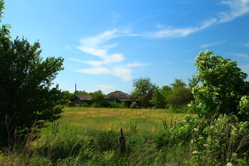 A grassy field with trees and buildings in the background