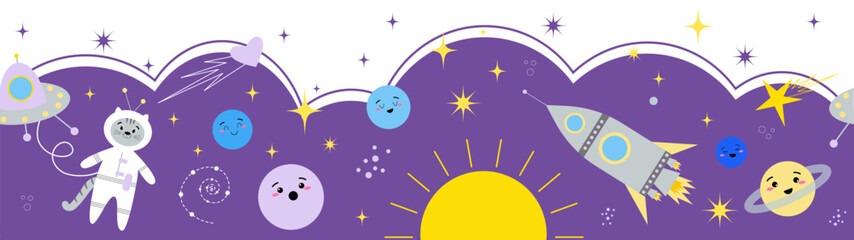 Vector long seamless solar system banner with cute kids planets characters, spaceship and astronaut, abstract space or sky elements, asteroid, stars, dots, hearts
