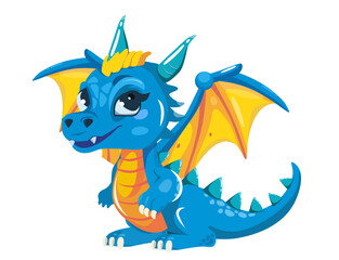 An electric blue dragon with yellow wings. Vector illustration isolated on white background