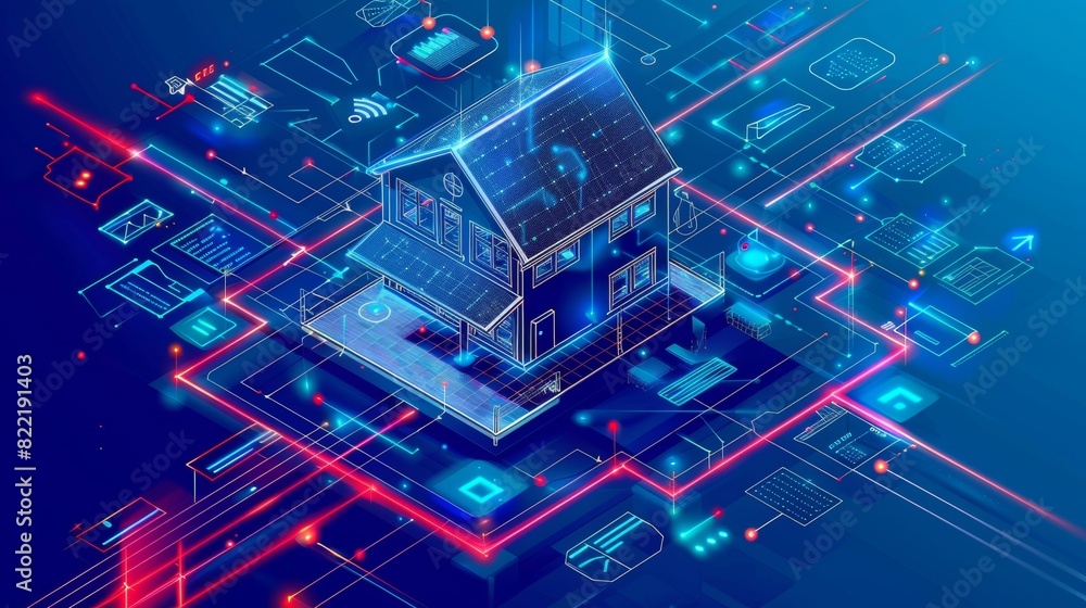 Poster a concept for internet-of-things isometric technology. smart home technology that integrates 3d plan