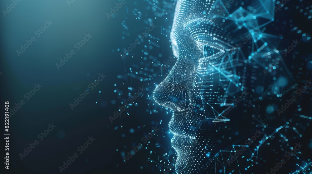 Poster the low poly face of artificial intelligence - technology concept. a robot brain or mind analyzes da