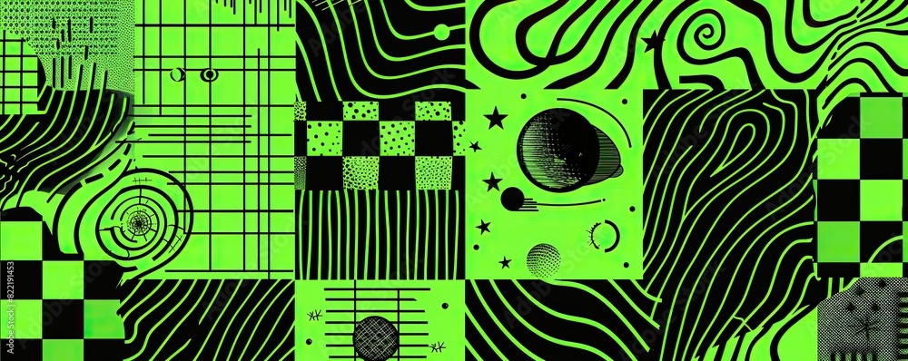 Poster a grid of patterns and shapes, black on neon green background, graphic design elements including che
