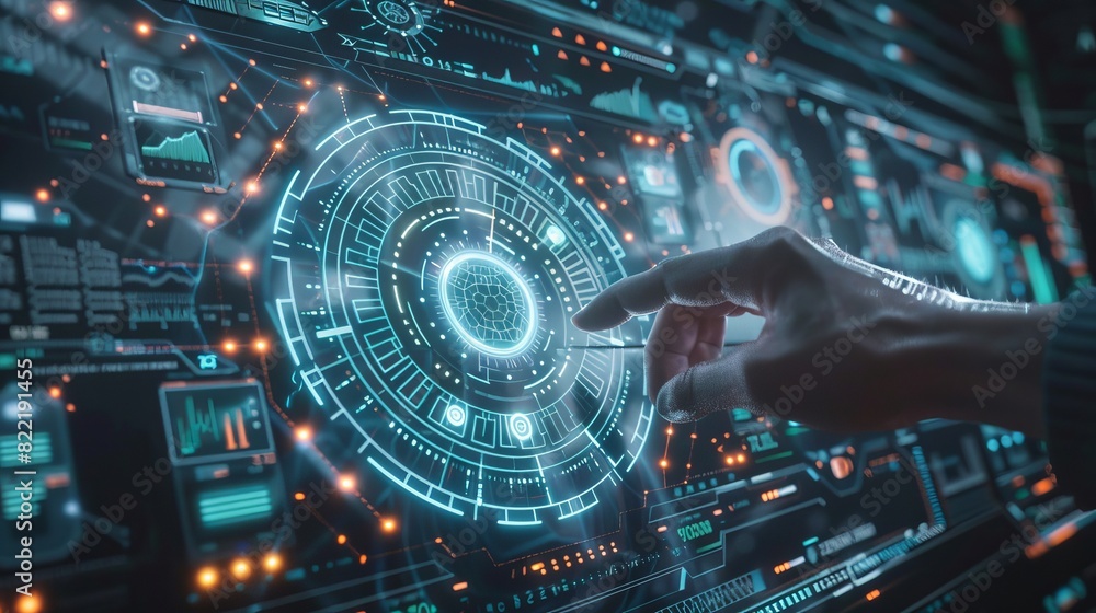 Poster scientist works with a futuristic holographic hud interface, controlling abstract tech elements on a