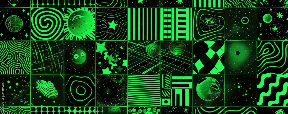 Poster a grid of patterns and shapes, black on neon green background, graphic design elements including che