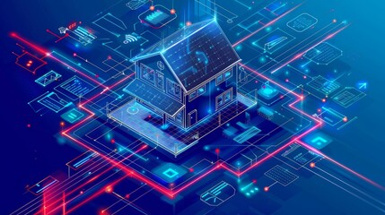 A concept for internet-of-things isometric technology. Smart home technology that integrates 3D plans and IOT connected objects. Control safety and automation of smart houses.