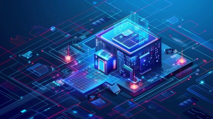 Fototapeta premium Smart home development, automation of residential intelligent buildings, and data visualization of Internet of Things structures on architectural plans.