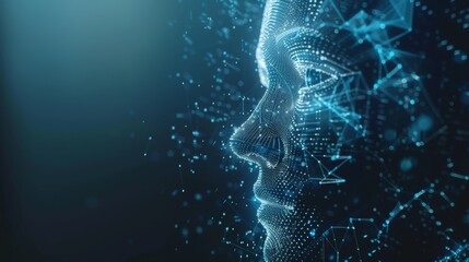The low poly face of artificial intelligence - technology concept. A robot brain or mind analyzes data abstractly.